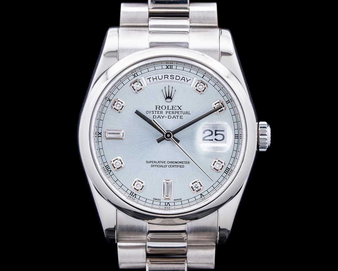 Rolex 118209 Day-Date 36 18K White Gold Blue Diamond Dial Circa. 2000