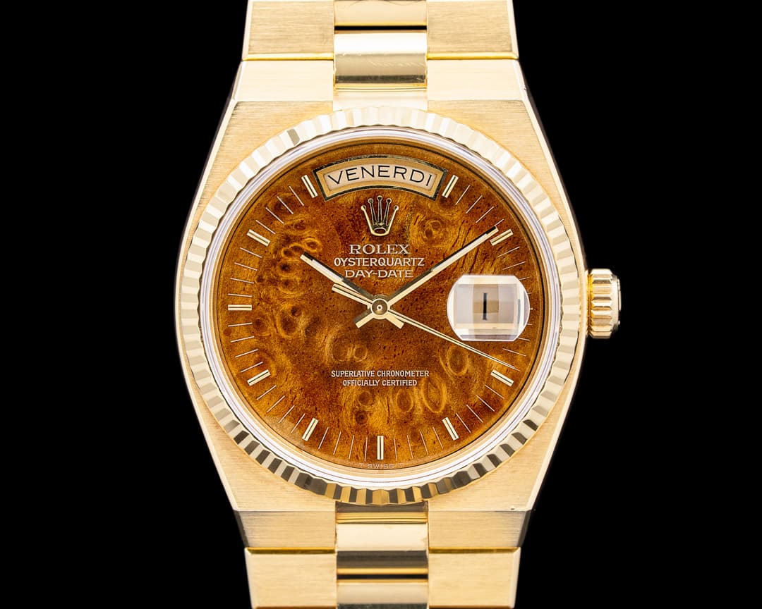 Rolex 19018 Day Date Oysterquartz 18K Yellow Gold Burlwood Dial