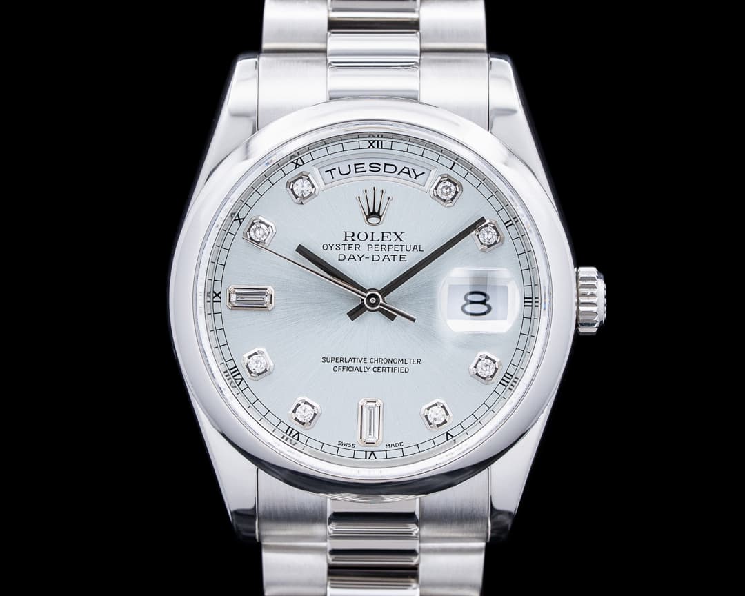 Rolex 118206 Day Date 36mm Platinum "Glacier" Baguette Diamond Dial