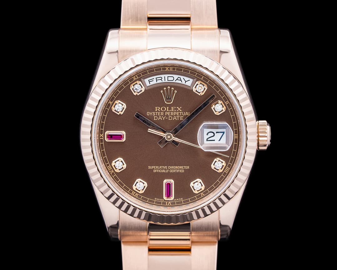 Rolex 118238 Day Date 18K Rose Gold Chocolate Diamond Ruby Dial