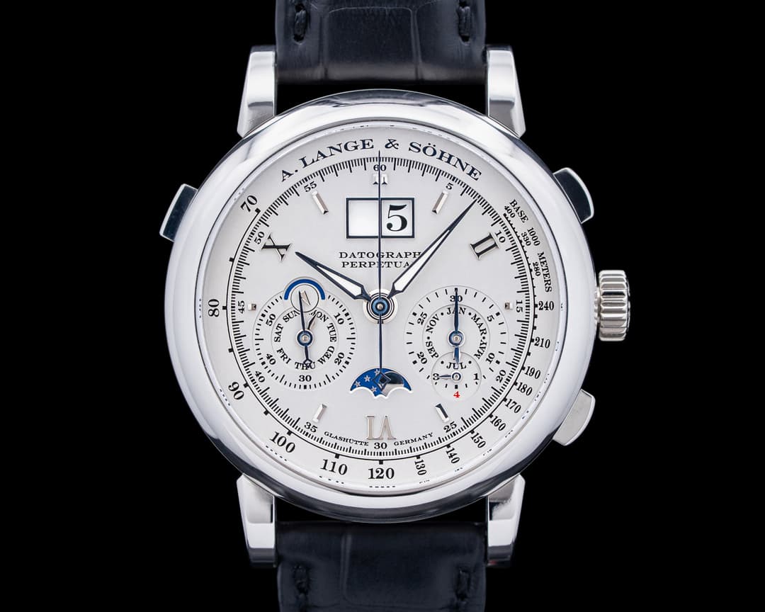 A. Lange and Sohne 410.025 Datograph Perpetual Calendar Platinum Silver Dial