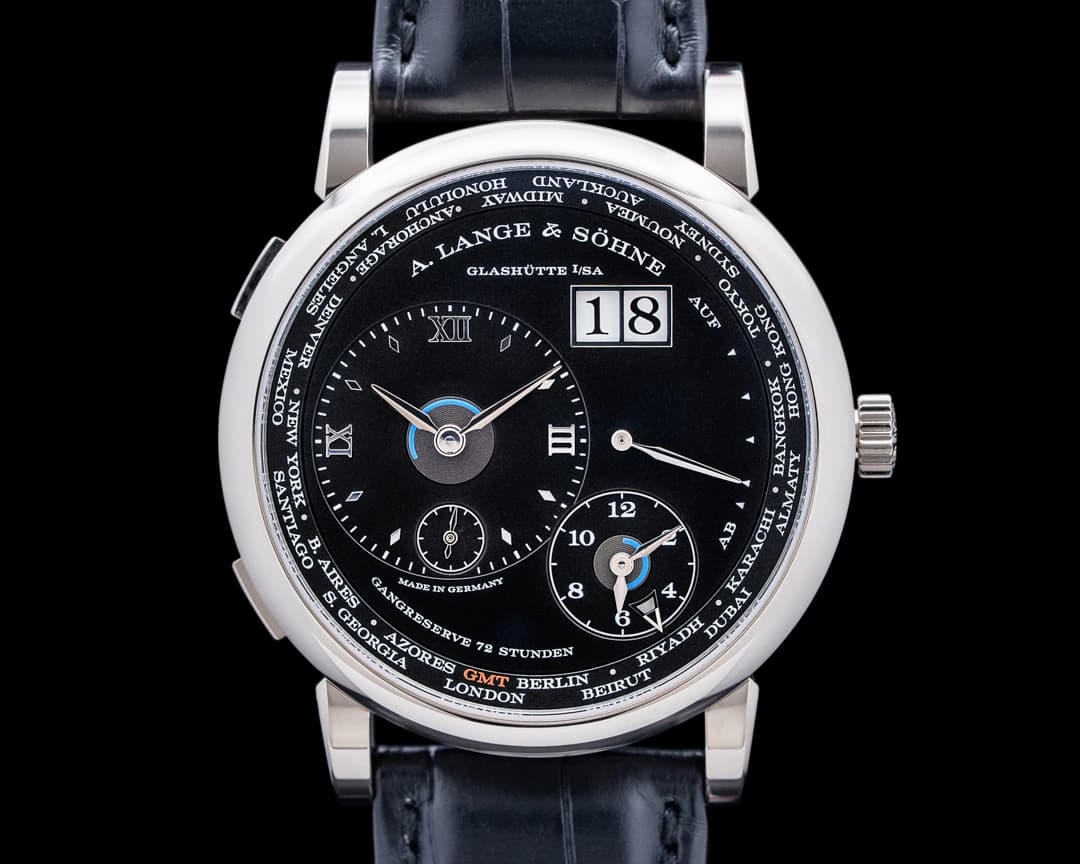 A. Lange and Sohne 136.029 Lange 1 Time Zone 18K White Gold Black Dial