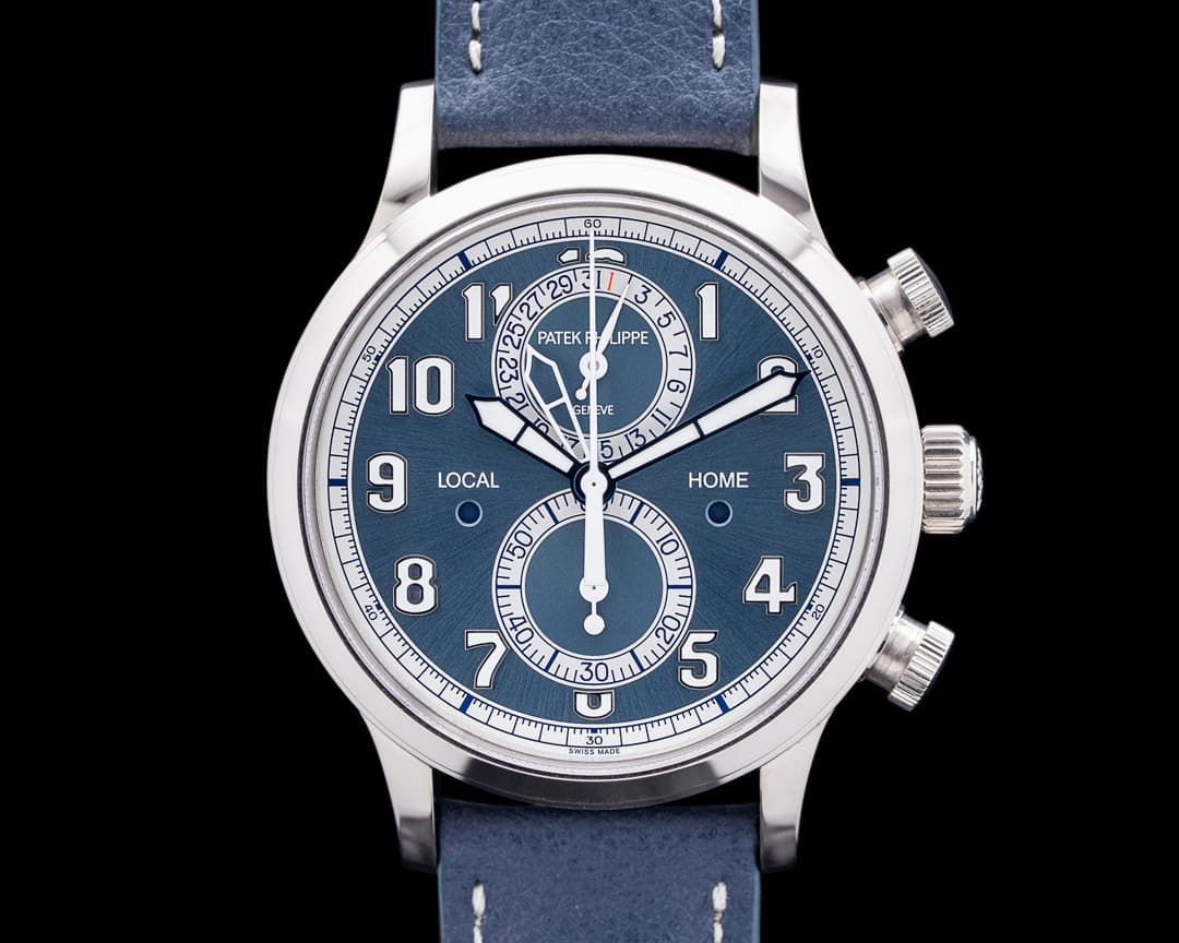 Patek Philippe 5924G Calatrava Pilot Travel Time Chronograph 18K White Gold Blue Dial