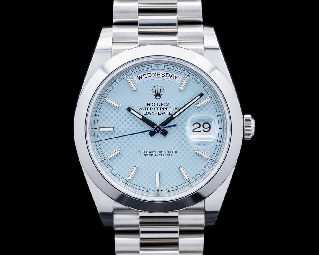 Rolex 228206 Day-Date President Platinum Ice Blue Diagonal Motif Dial