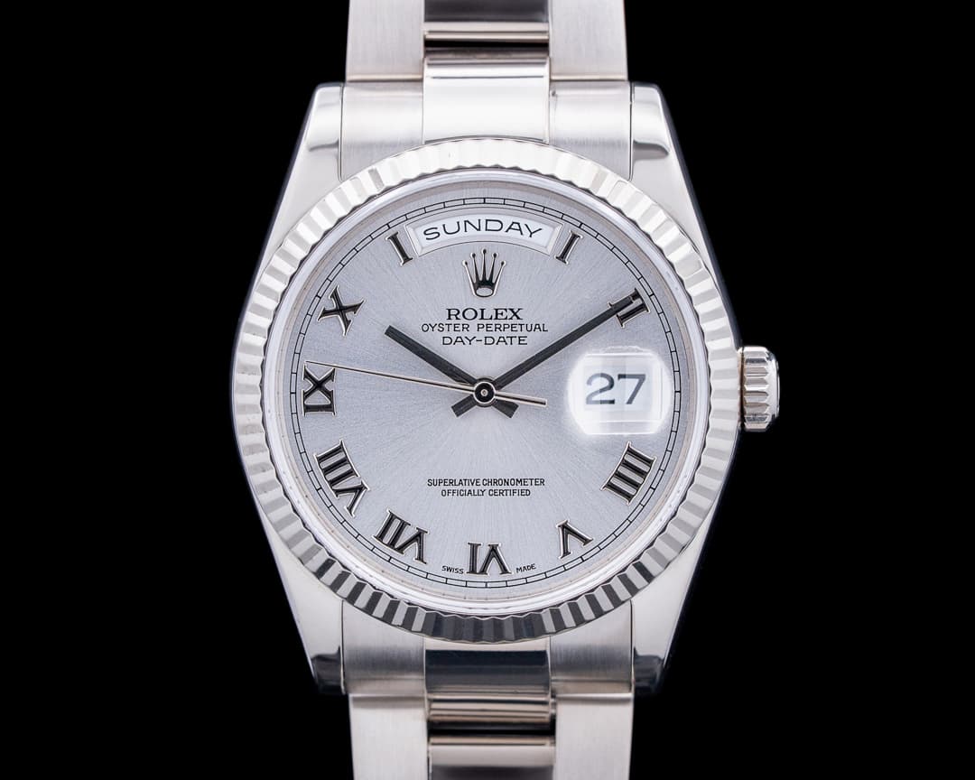 Rolex 118239 Day Date President 18K White Gold Silver Roman Dial