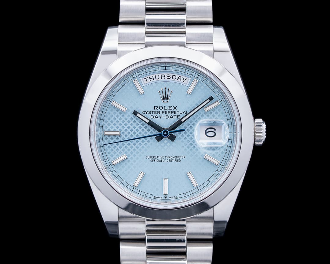 Rolex 228206 Day-Date President Platinum Ice Blue Diagonal Motif Dial