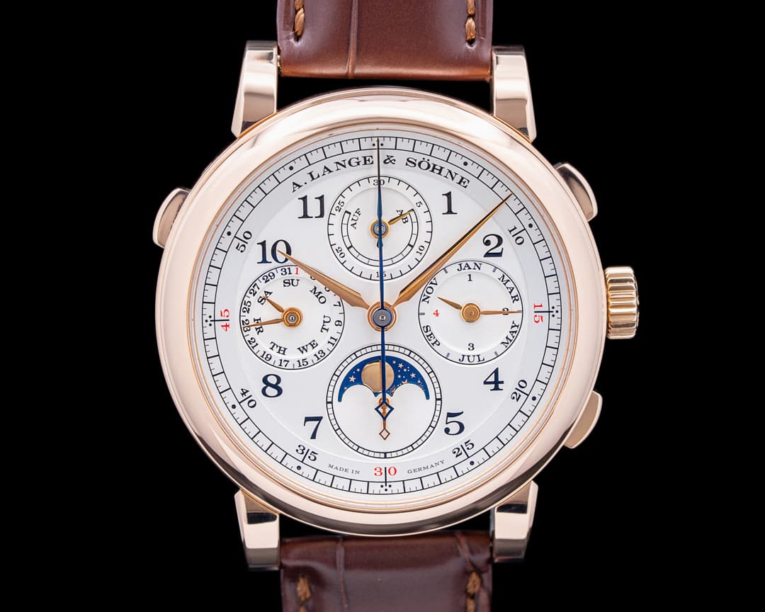 A. Lange and Sohne 421.032FE 1815 Rattrapante Perpetual Calendar 18K Rose Gold Silver Dial