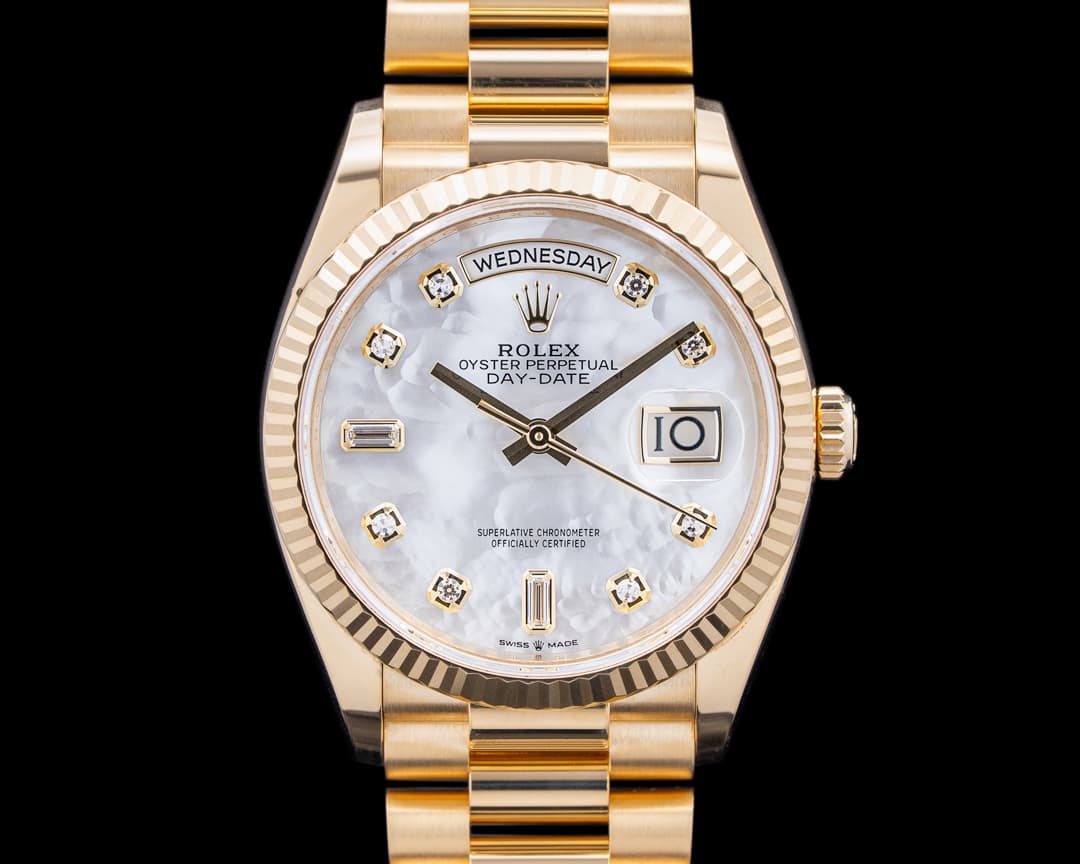 Rolex 128238 Day-Date 36 18K Yellow Gold Mother of Pearl Diamond Dial