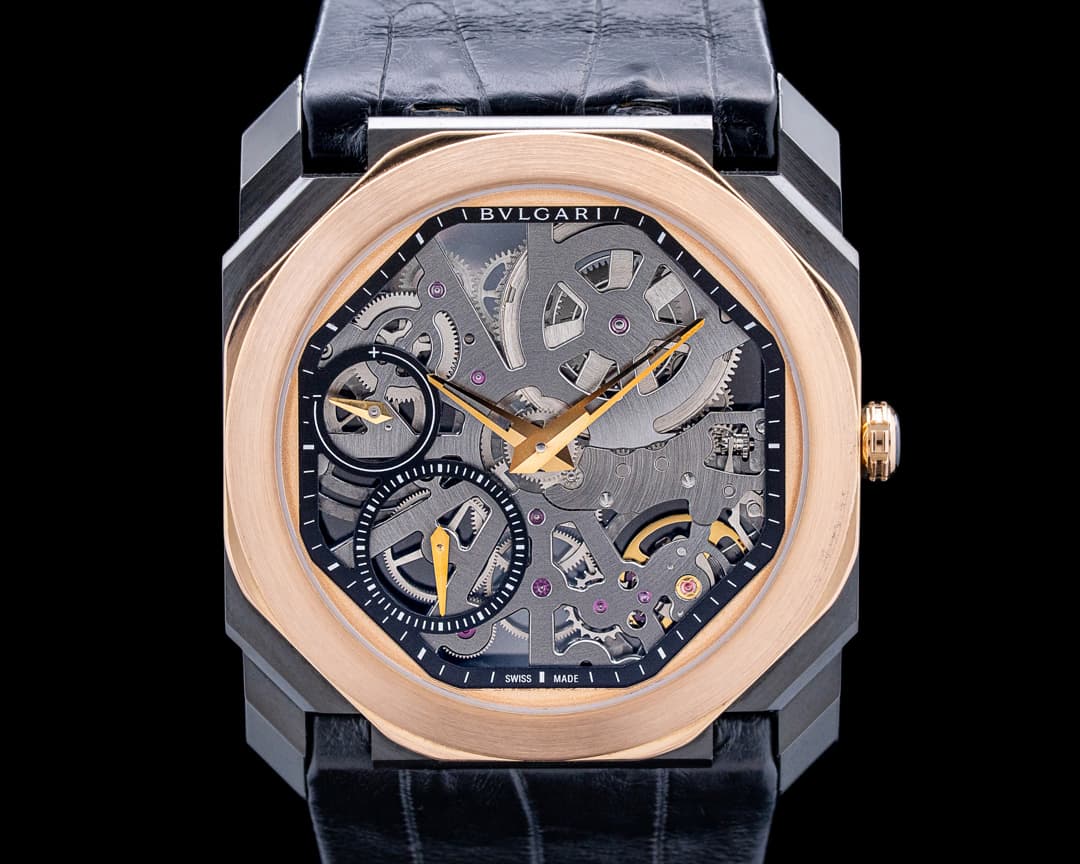 Bulgari 102469 Octo Finissimo DLC SS / 18K Rose Gold Black Skeleton Dial