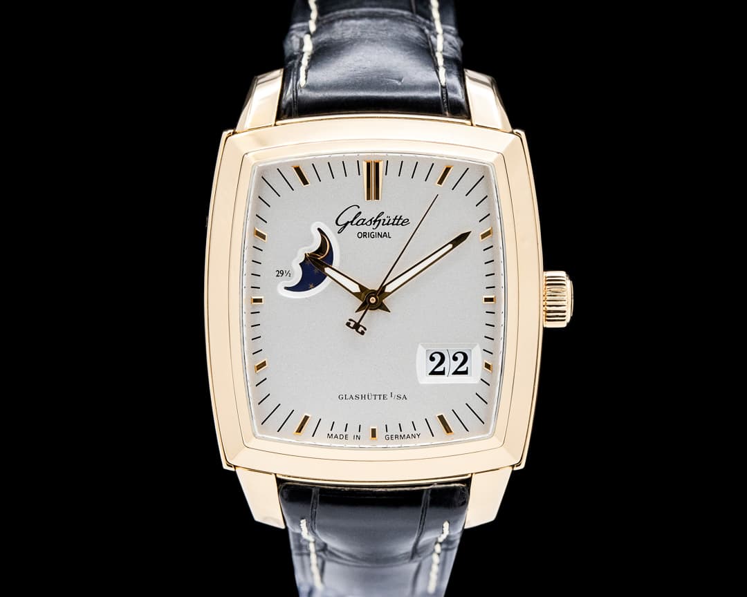 Glashütte Original Senator Karree Panorama Date Moon Phase 18K Rose Gold Silver Dial