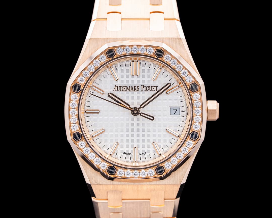 Audemars Piguet 77451OR Royal Oak 18K Rose Gold Diamond Bezel Silver Dial