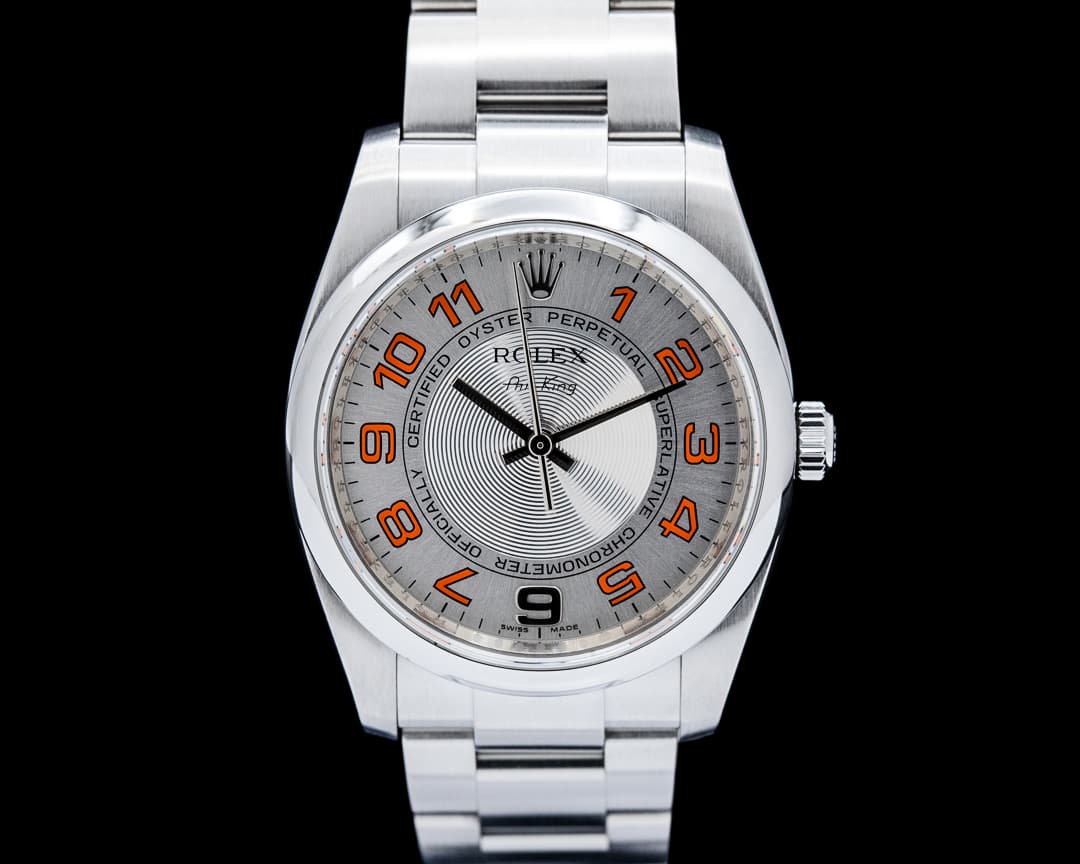 Rolex 114200 Air-King SS Orange Concentric Silver Dial Circa. 2008