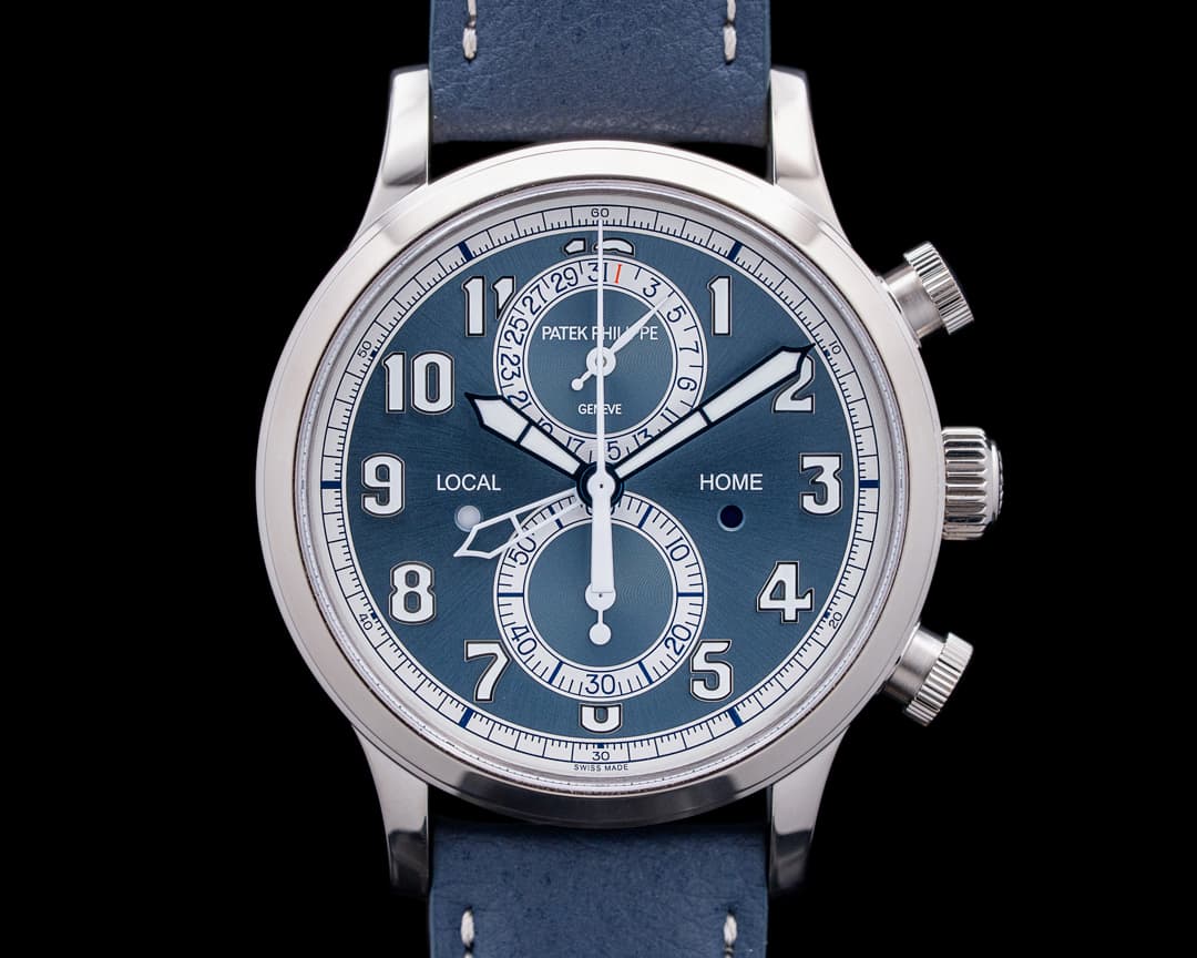 Patek Philippe 5924G Calatrava Pilot Travel Time Chronograph 18K White Gold Blue Dial