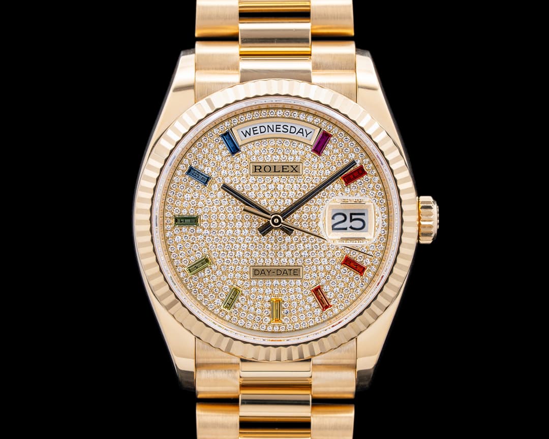 Rolex 128238 Day-Date 36 18K Yellow Gold Pave Rainbow Dial