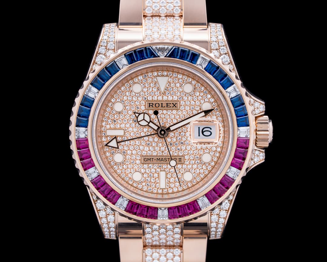 Rolex 126755SARU GMT-Master II 18K RG Sapphire / Ruby Pave Dial