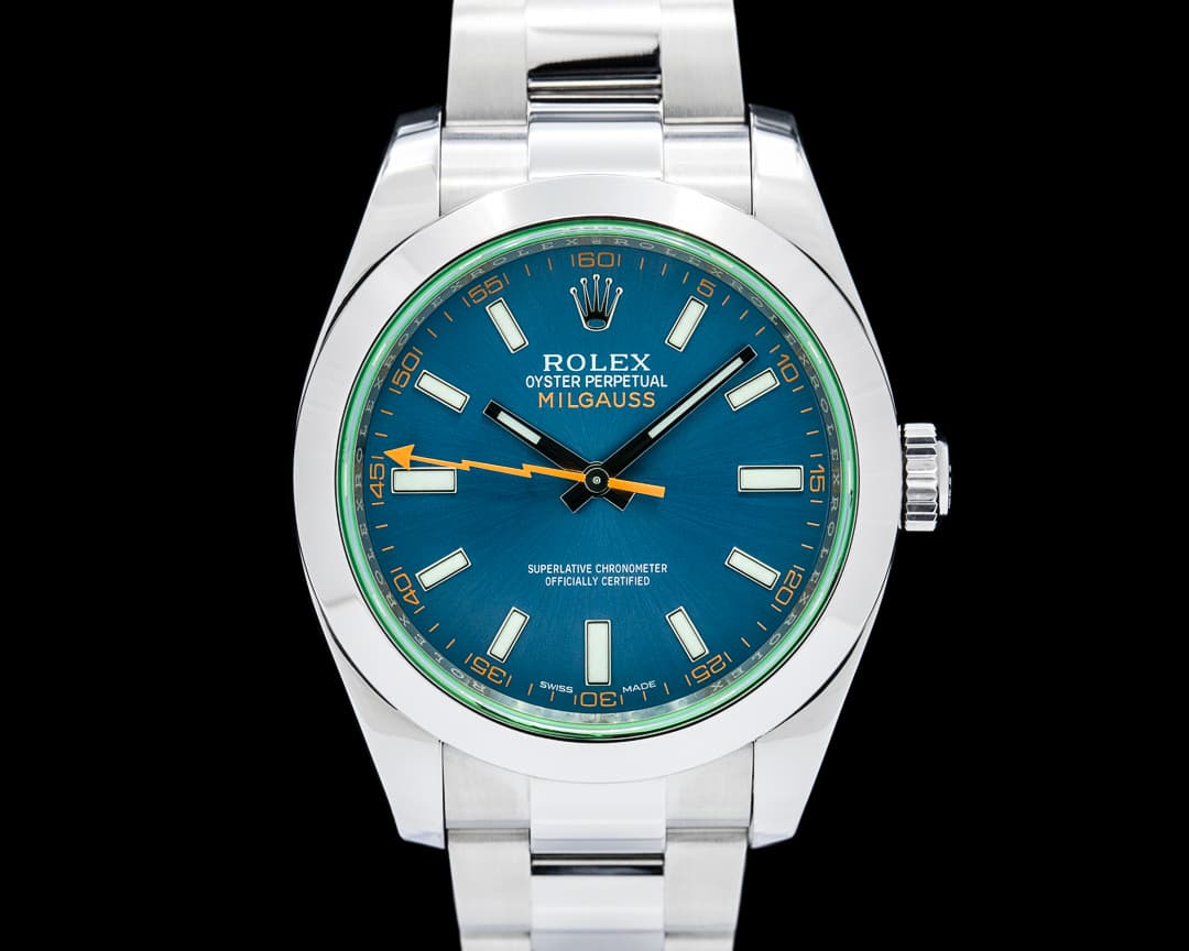 Rolex 116400GV Milgauss Green Crystal SS Blue Dial